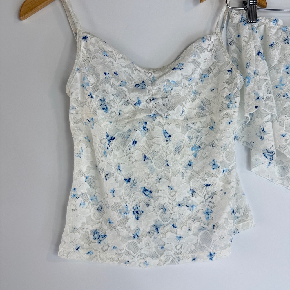 Frankies Bikinis Cassie Tank Flora Shorts Set Womens L White Blue Lace Butterfly - Picture 4 of 13